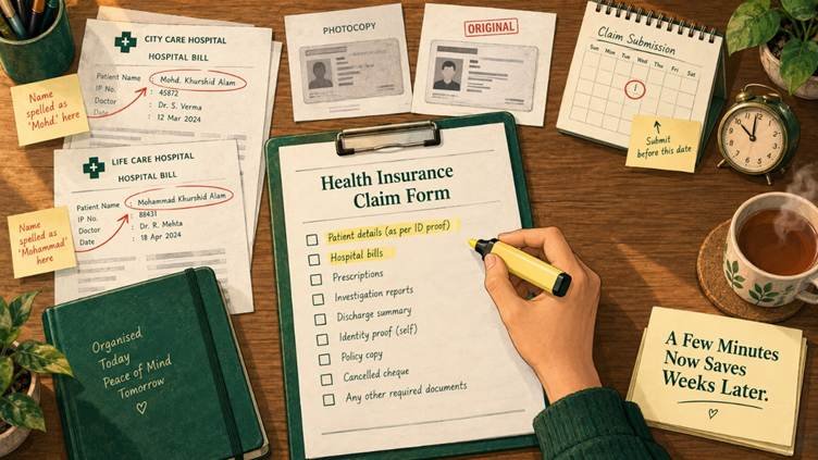 Checklist of health insurance claim documents needed for hospitalization