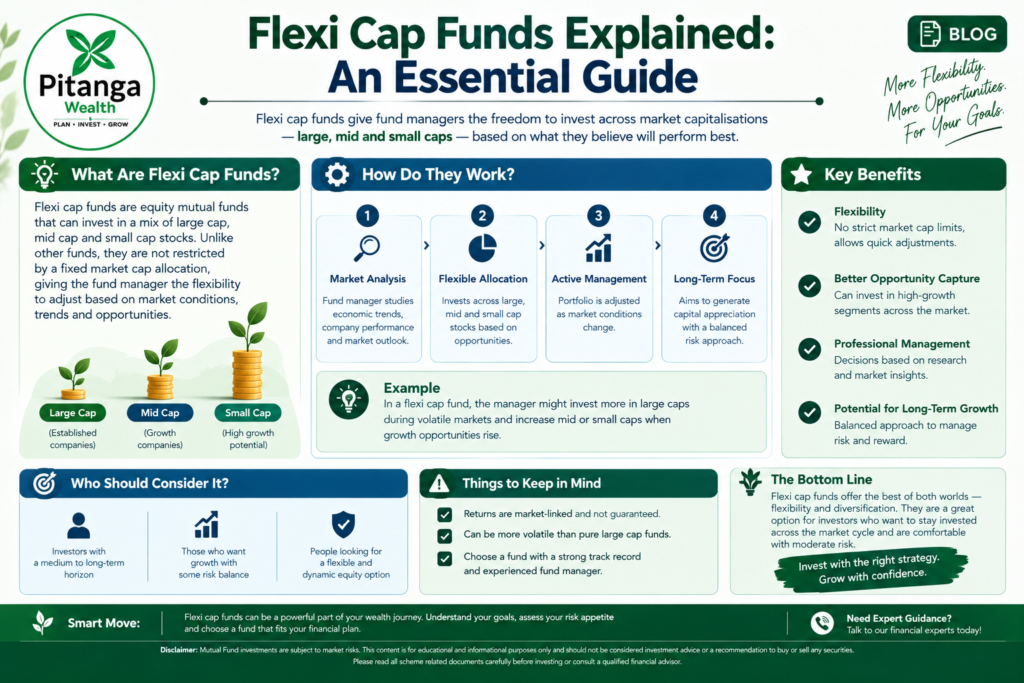 Flexi cap funds explained as equity funds investing across large, mid and small cap stocks