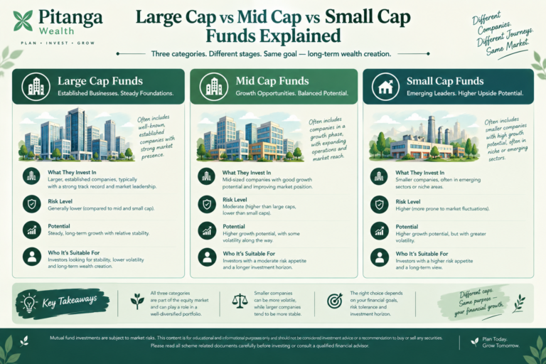 Editorial illustration comparing large-cap, mid-cap and small-cap equity mutual fund categories in India.
