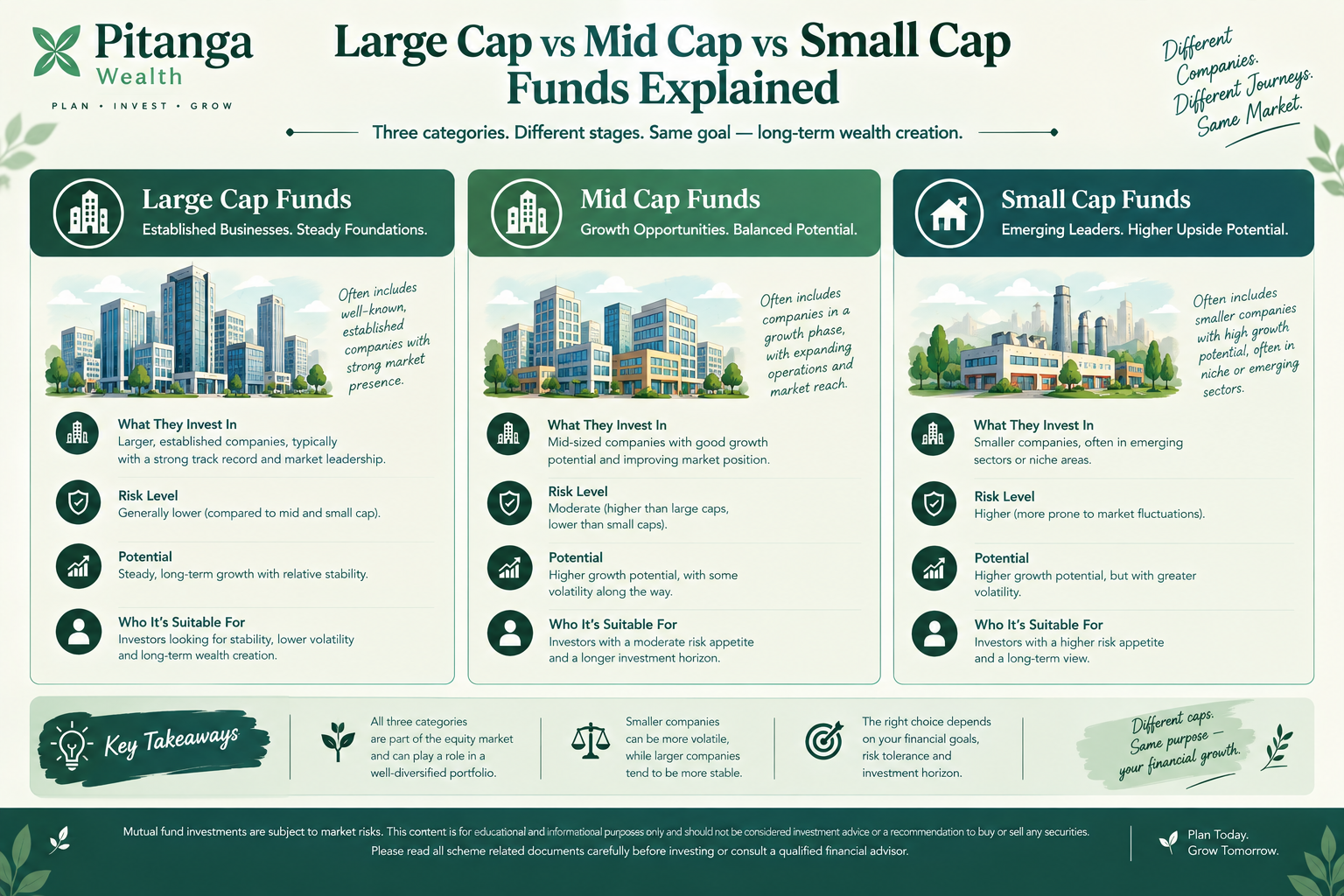 Editorial illustration comparing large-cap, mid-cap and small-cap equity mutual fund categories in India.