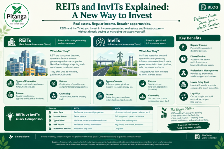 Editorial illustration of commercial real estate and infrastructure assets representing REITs and InvITs in India.