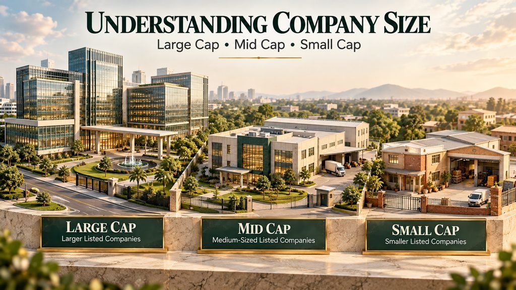 Conceptual illustration of large cap vs mid cap vs small cap funds categories using different business environments.
