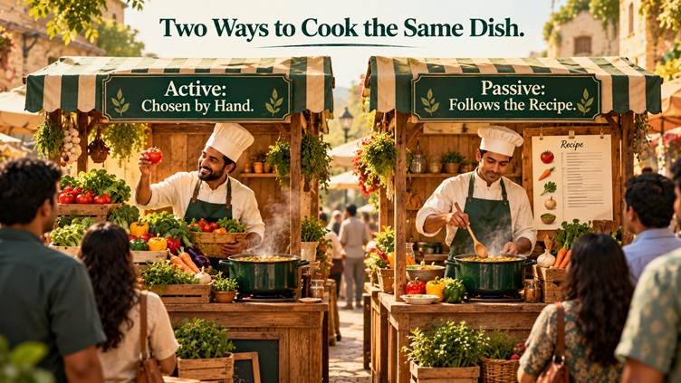 Active vs passive funds compared, a fund manager picking stocks versus an index fund tracking a benchmark