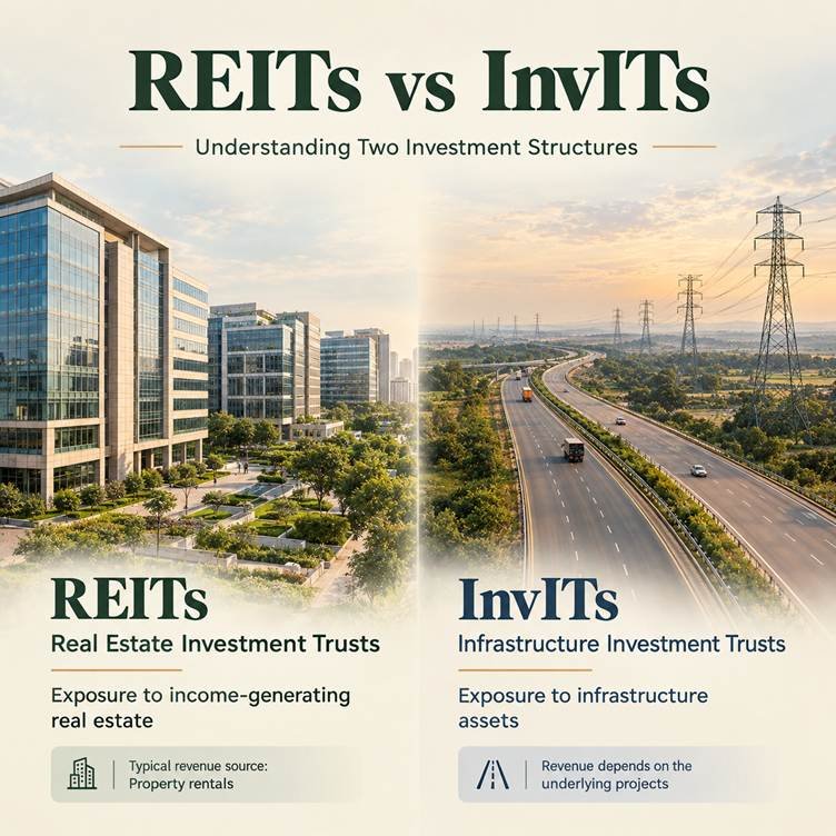 Educational comparison of REITs and InvITs showing commercial real estate and infrastructure assets.