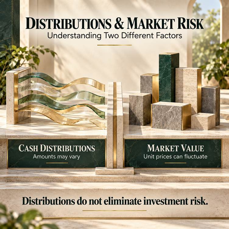 Conceptual illustration explaining that REIT and InvIT distributions may vary and unit prices can fluctuate.