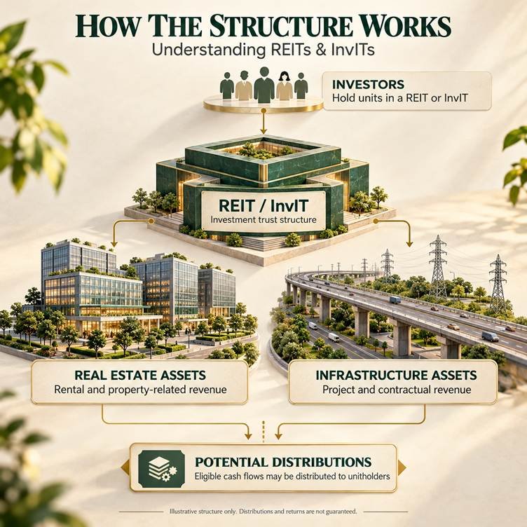 Illustration showing how investors hold REIT and InvIT units linked to underlying real estate and infrastructure assets.