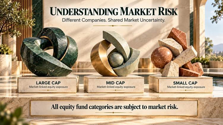 Conceptual illustration representing market risk across large-cap, mid-cap and small-cap equity mutual fund categories.