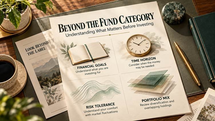 Premium editorial illustration highlighting financial goals, investment time horizon, risk tolerance and portfolio diversification when evaluating equity mutual funds.